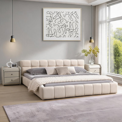 Checkerboard style warm beige chenille upholstered bed, king size, crafted for residential bedroom sleeping and decor use