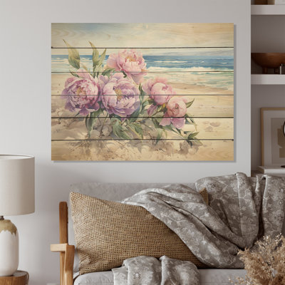 Purple Serenity Peonies On The Beach I - Peonies Wood Art On Natural Pine Wood