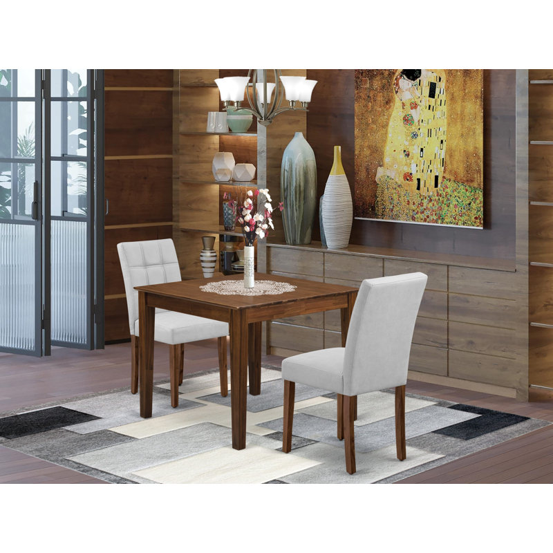 3 Piece Dining Room Table Set consists A Wooden Table and 2 Light Gray Faux Leather Parson Dining Chairs, Antique Walnut