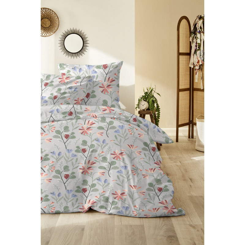 Cinelli Cotton Floral Duvet Cover Set with Pillow Shams, Red/Green