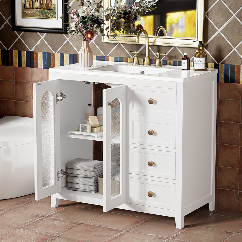 Meuble-lavabo de 36,02 pouces avec deux portes à fermeture douce, des tablettes réglables et trois tiroirs