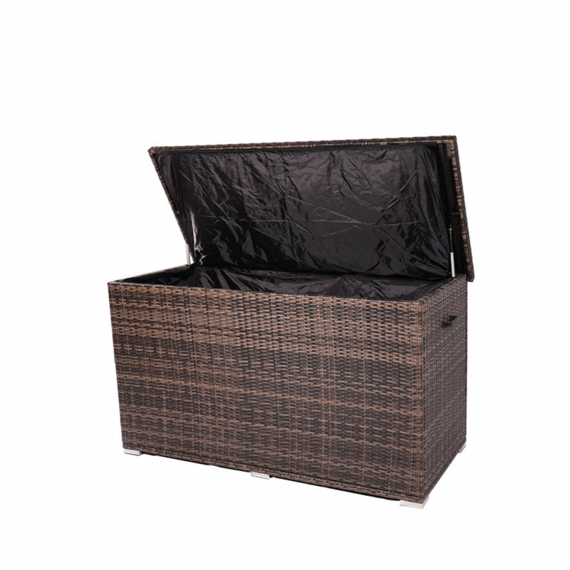 Large Outdoor Wicker Storage Box – Frame, Waterproof Liner, Dual Gas Lifts, 37.4" H x 66.9" W x 30.3" D, Brown