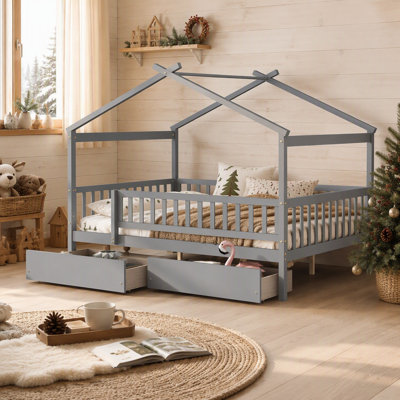 Lit en bois Imaginative avec deux tiroirs pour enfants, offrant rangement, confort et sécurité dans une chambre à coucher amusante