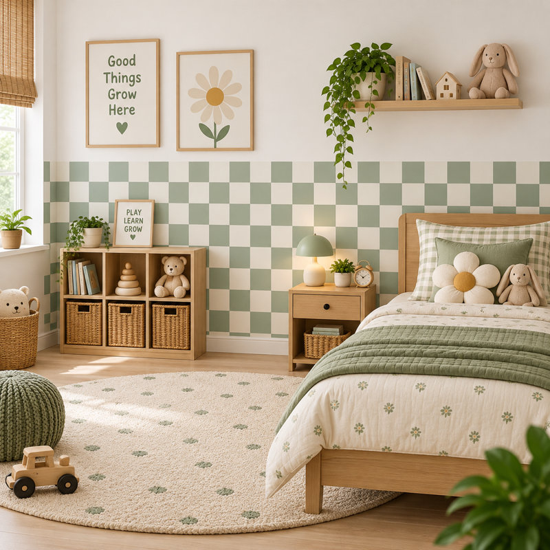 Adhésif décoratif demi-damier 72 po de large sauge et crème, 48 po de haut, L 72 po x H 48 po, Sauge et crème