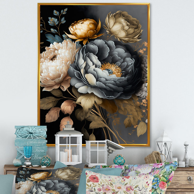 Bouquet de fleurs bleues III - Bouquet d'art mural pour le salon, L 12 po x H 20 po, Cadre flottant doré