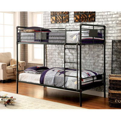 Industrial Style Bunk Bed With Attached Ladder And Metal Pipe-Inspired Structure, Featuring Upper Guard Rails For Safety And Durability
