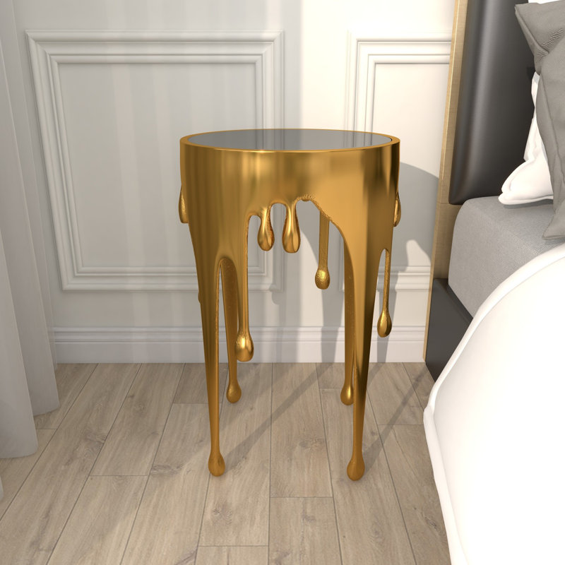 Aluminum Metal Melting Drip Side End Accent Table with Glass Tabletop, Gold