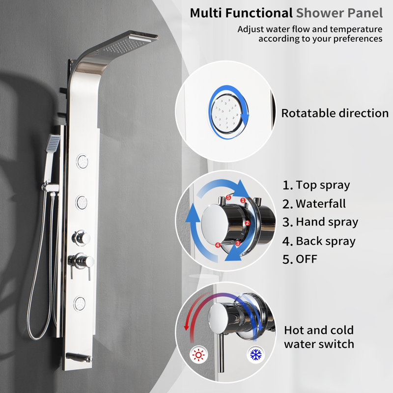 5-way Diverter Shower Tower Panel System with Fixed Shower Head