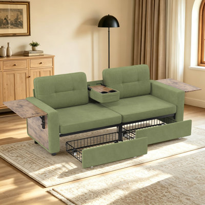 Canapé 2 places en chenille avec tiroirs de rangement, table d'appoint pliable et porte-gobelet, canapé deux places capitonné pour salon ou chambre