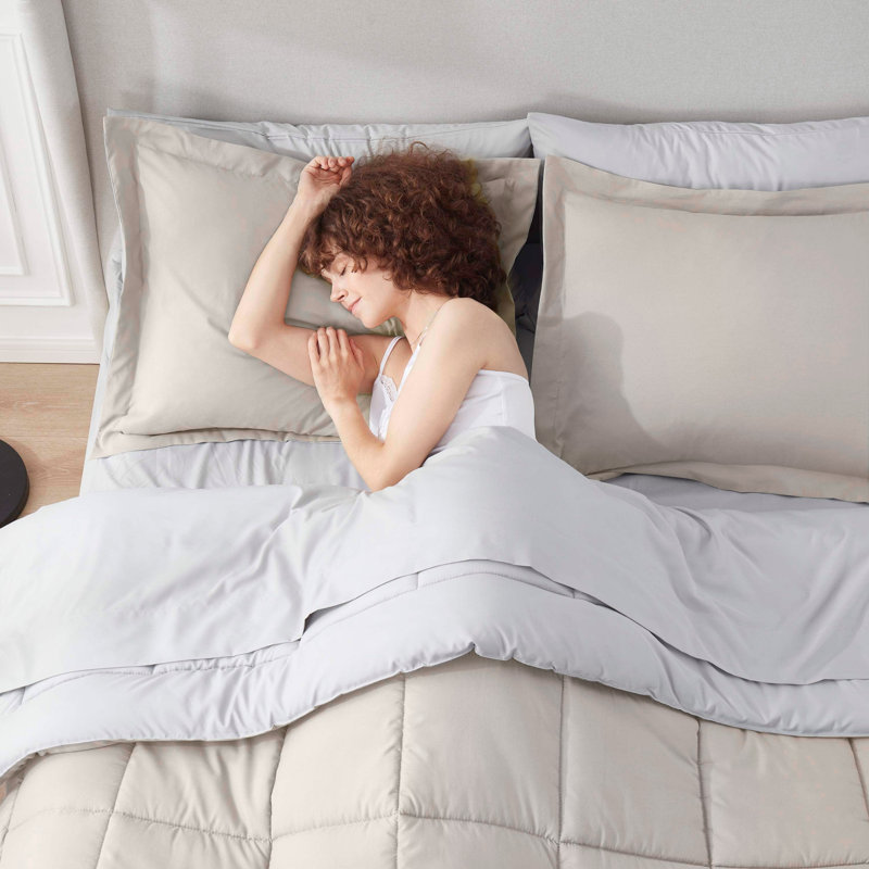 Beige and Light Grey Queen Microfiber Reversible Comforter Set