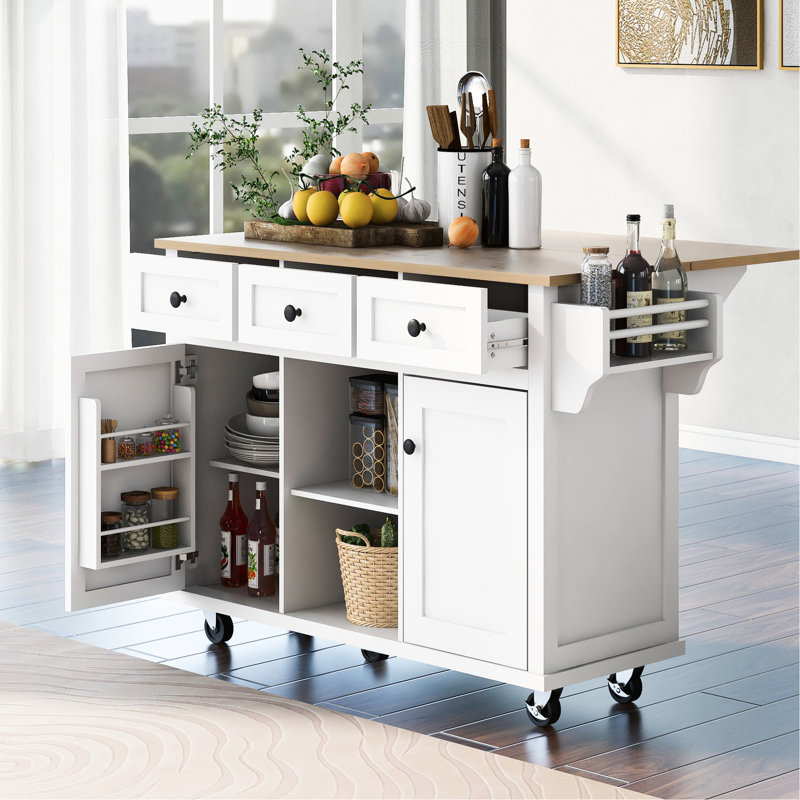 Grand chariot de cuisine avec tablettes amovibles et structure d'armoire en bois massif Drop Island, Blanc
