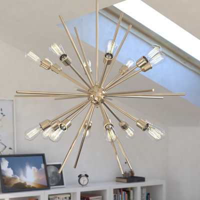 Ittai Estelle 12-Light 27.5 in. Wide Natural Brass Gold Mid-Century Modern Sputnik Pendant, LED Compatible, Adjustable Height Hanging Ceiling Fixture for Dining Table, Kitchen, Entryway, Bedroom, Island, Foyer