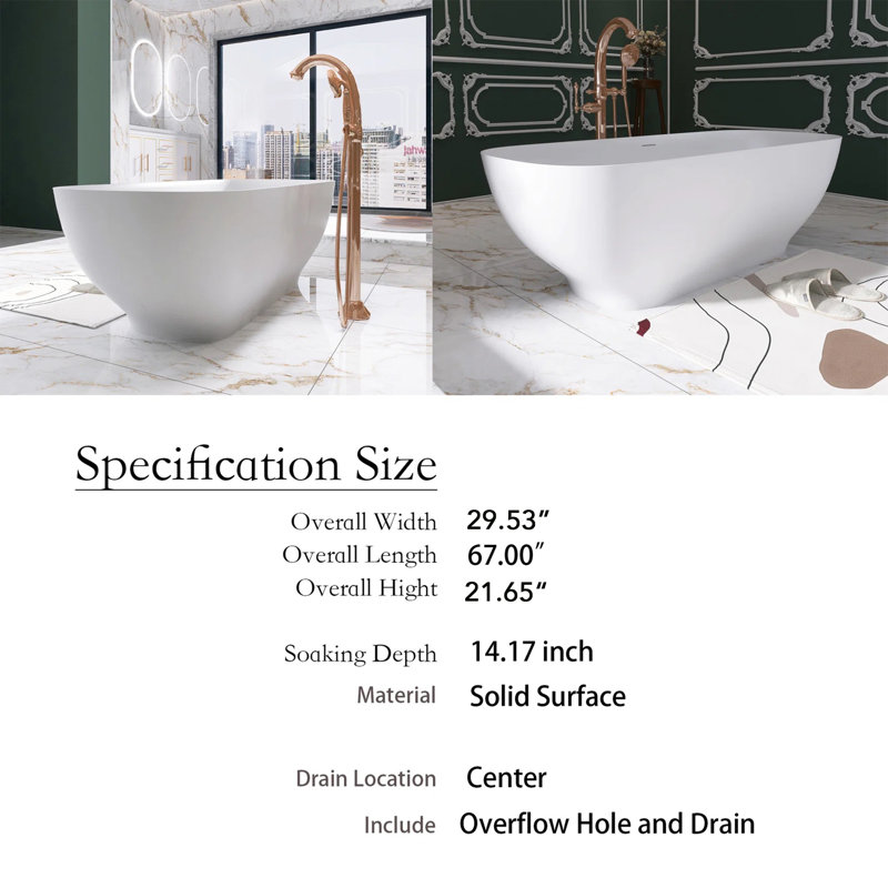 Matte White Freestanding Soaking Bathtub with Overflow and Drain