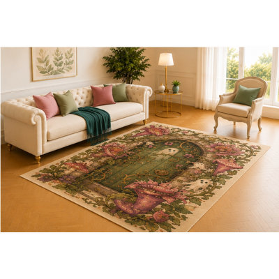 Tapis de jardin hanté 5 pi x 7 pi «Ultra Léger», entrée florale rétro avec des fantômes, des champignons et des roses, décoration d'Halloween fantaisiste pour chambre à coucher ou coin lecture