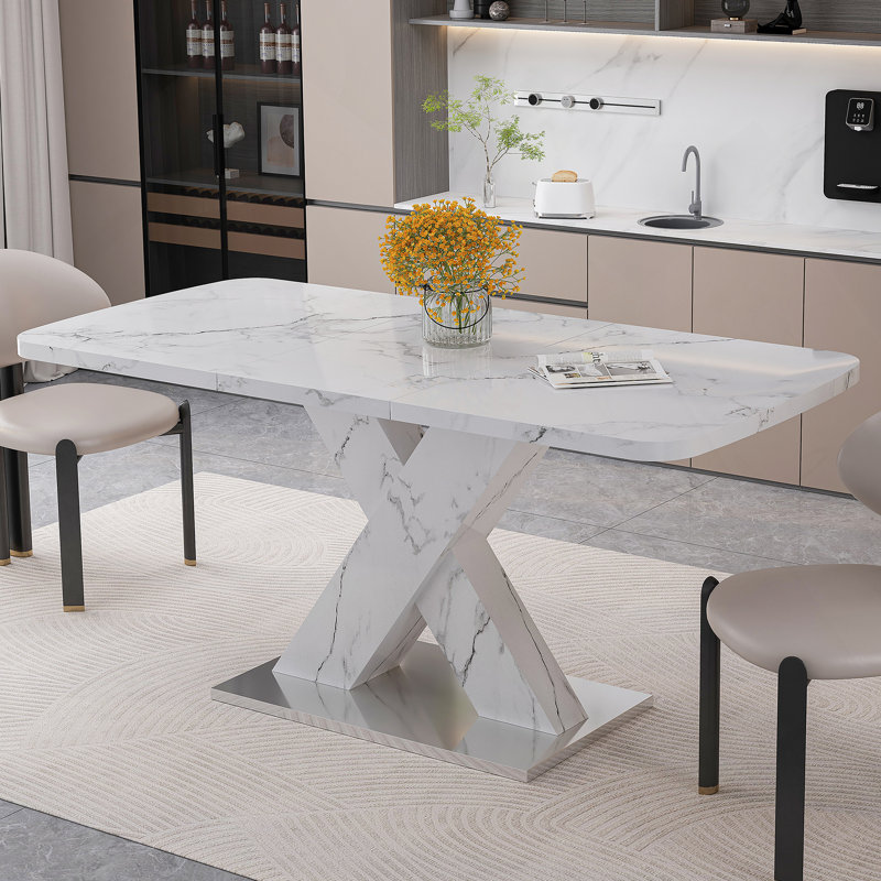 Table de salle à manger moderne, extensible, avec plateau de table en marbre blanc imprimé et panneau de fibres à densité moyenne