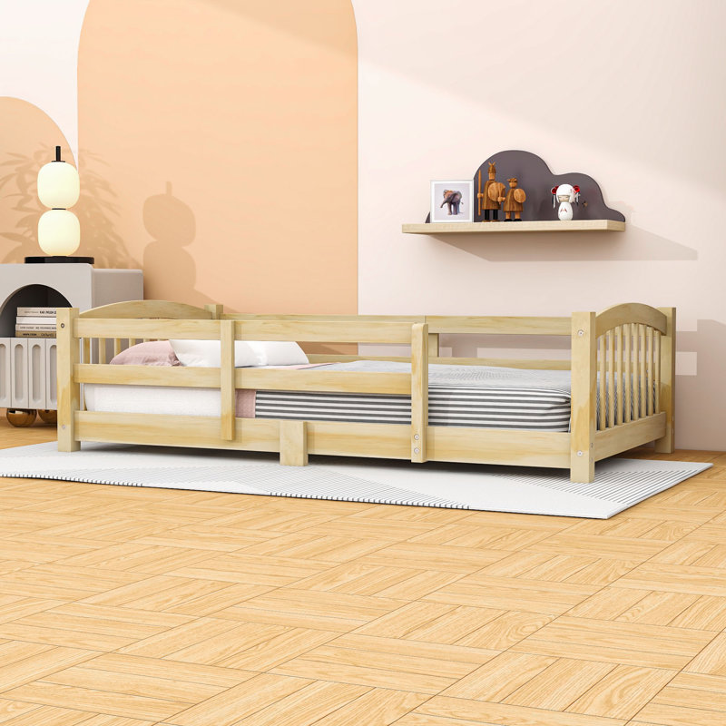 Wood Floor Bed with Safety Guardrails, Natural, Twin