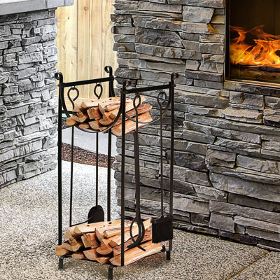 Firewood Rack And Fireplace Tools - 2 Layers, Black, 154 Lbs Capacity, For & Fire Pit, 14.5"X14.02"X31.06 Indoor Outdoor Holder With Tool 2 Rack, Black Steel, 132 Bottom Shelf, 14.5" L X 14.02" W