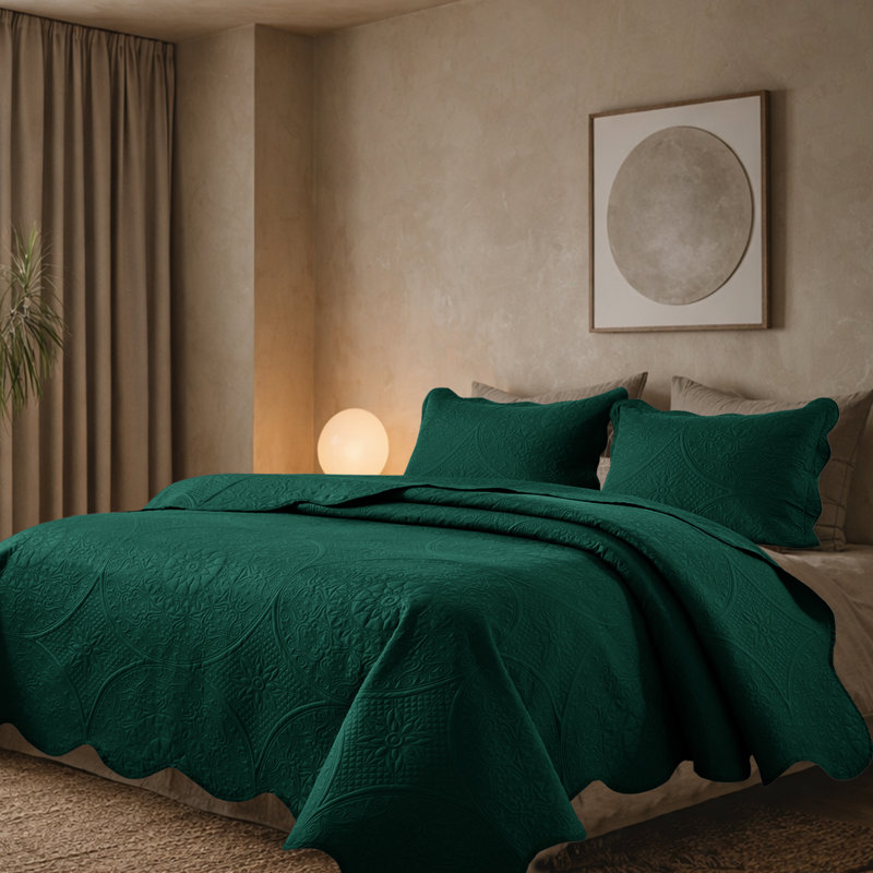 Ensemble de couvre-lit matelassé en microfibre à motif floral, Couvre-lit simple + 1 taie d'oreiller standard, Émeraude