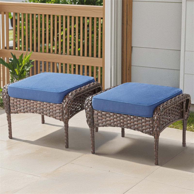 Ensemble de 2 repose-pieds d'extérieur en rotin brun avec coussin bleu pour cour arrière ou terrasse, Bleu, Brun