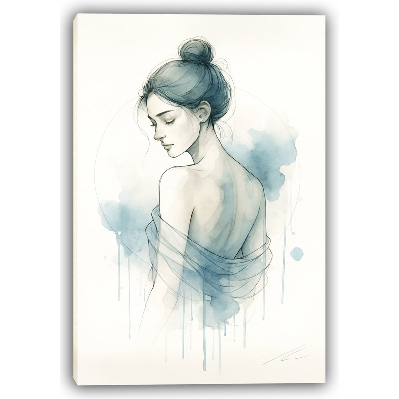 Réflexion tranquille - Femme aquarelle bleue minimaliste, H 40 po x l 30 po