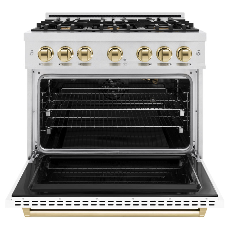 ZLINE Autograph 36" Classic DuraSnow Gas Range w/ Black Door & Bronze Accents, Gold/White