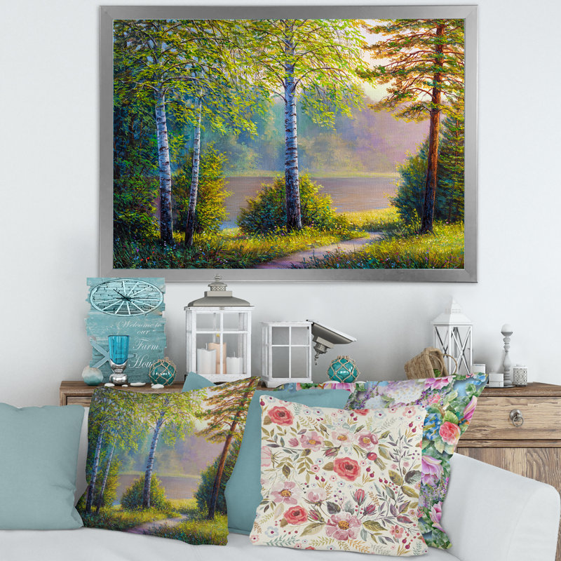 Lumière subtile du soir à travers les arbres I - peinture sur toile, H 12 po x l 20 po x p 1 po, Encadrement argenté
