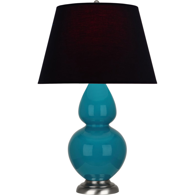 Lampe de table double gourde en céramique, Bleu marine/gris, Paon verni / argent antique, Argent argent