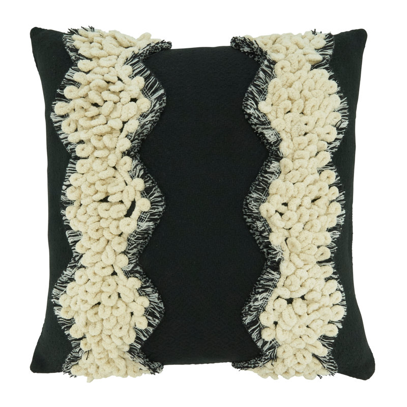 Black and White Cotton Yarn and Lace Appliqué Throw Pillow