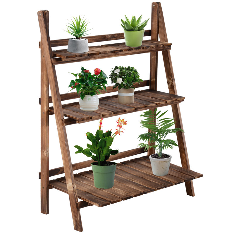Outsunny Wooden Folding Flower Pot Stand 3 Tier Rack, 93cm H x 80cm W x 37cm D, Bronze