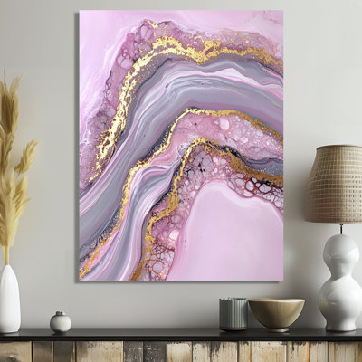 Abstract Pink Gold Marble And Amethyst Stone Slide - Landscapes Metal Art, Stone Geode Metal Print