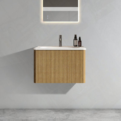 Meuble-lavabo mural flottant avec lavabo en céramique et tiroir à ouverture par pression pré-assemblé