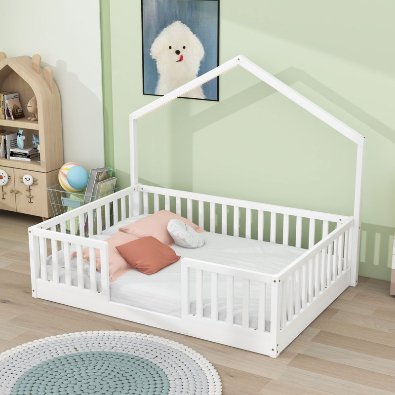 Wood Floor Bed With High Rails And LED Light, Full