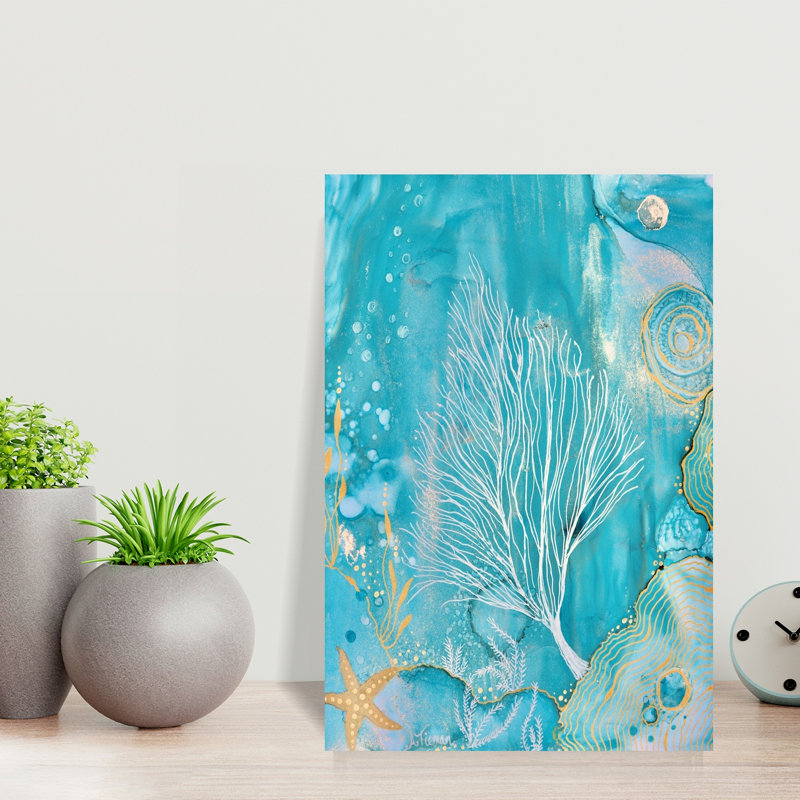 Océan, corail, sérénité abstraite, étoile de mer, paysage côtier, art mural, H 18 po x l 12 po