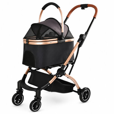 2-in-1 Foldable Pet Stroller for Dogs & Cats, Detachable Carrier with Sun Canopy, One-Hand Fold, 4-Wheel Travel Stroller with Storage Basket
