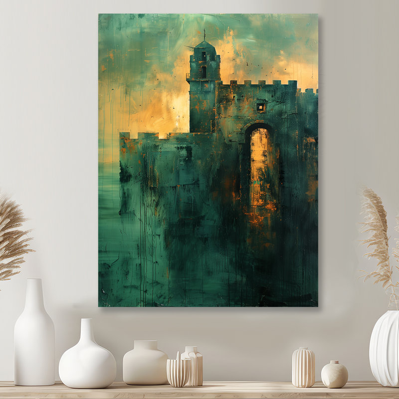 Décoration murale château fort vert et jaune - Forteresses, Toile encadrée noire simple, H 20 po x l 12 po x P 1 po