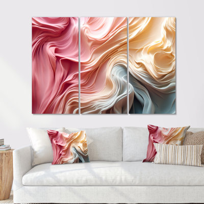 Ensemble de salon art mural abstrait avec vagues en soie rose pastel