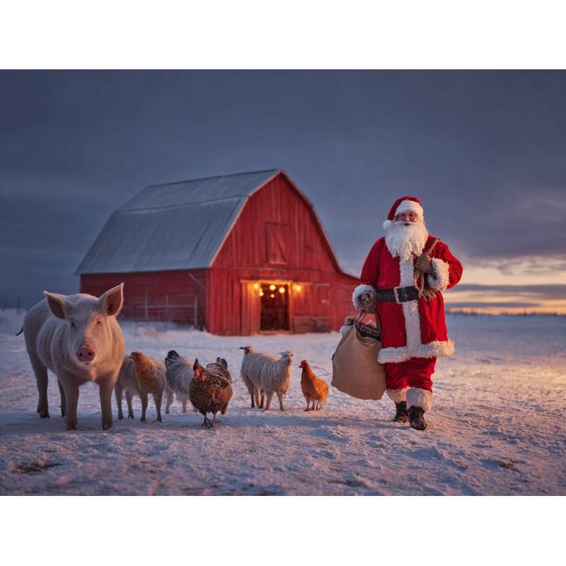 "Santa visiting Barnyard at Dusk", art mural sur toile, H 24 po x l 36 po