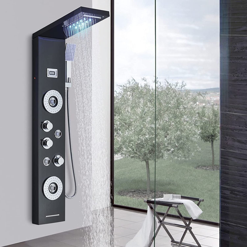 Stainless Black LED Shower Panel Tower System Rain&Waterfall Massage Jet Tub Tap