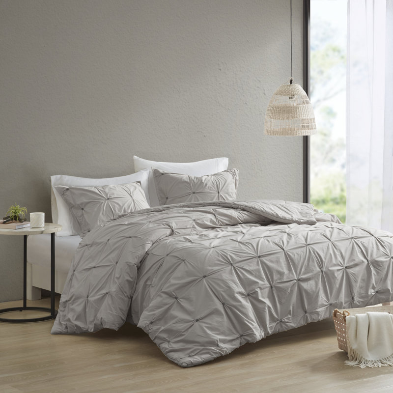 Ensemble d'édredon en coton brodé élastique, gris, Édredon double/grand et 2 taies décoratives