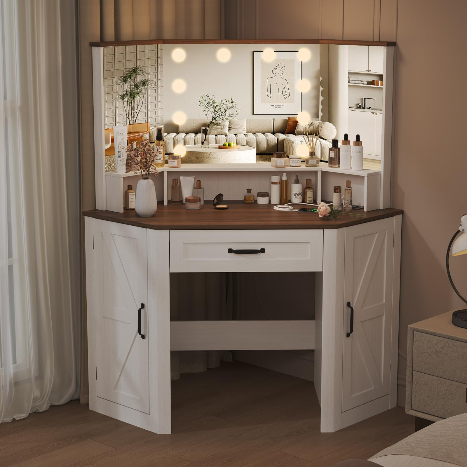 Gracie Oaks Corner Vanity Desk With Lighted Mirror & Charging Station