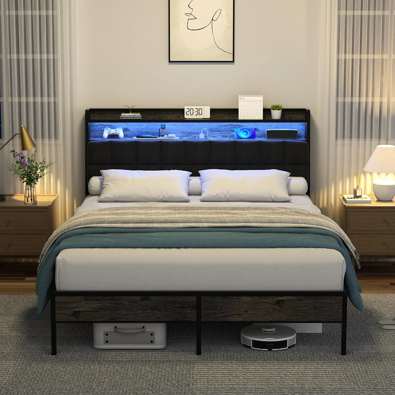 Structure de grand lit avec tête de lit ergonomique, 10 lumières DEL réglables, tiroir de rangement latéral et de charge réglable