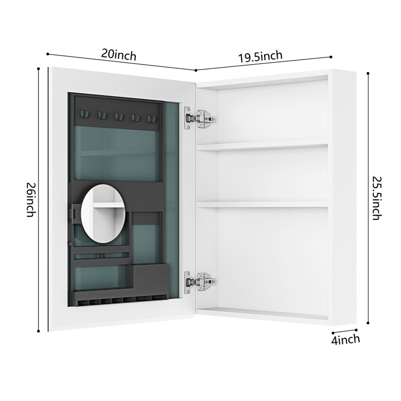 Armoire de salle de bain l 20 po x H 26 po, blanc, bois d'ingénierie, fixé au mur, miroir de maquillage avec shampooing et revitalisant