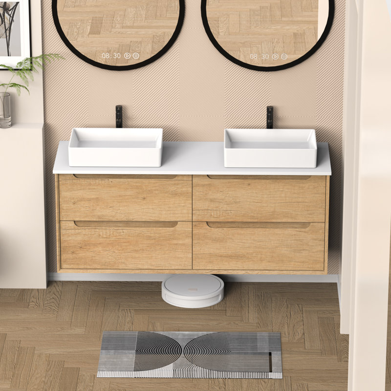Dessus de meuble-lavabo blanc en pierre de quartz 60 po avec double vasque carrée en céramique