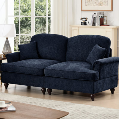 Grand siège Mid-Century en chenille bleue avec jupes amovibles, accoudoirs évasés et pieds fuselés, volants détachables pour canapé de salon