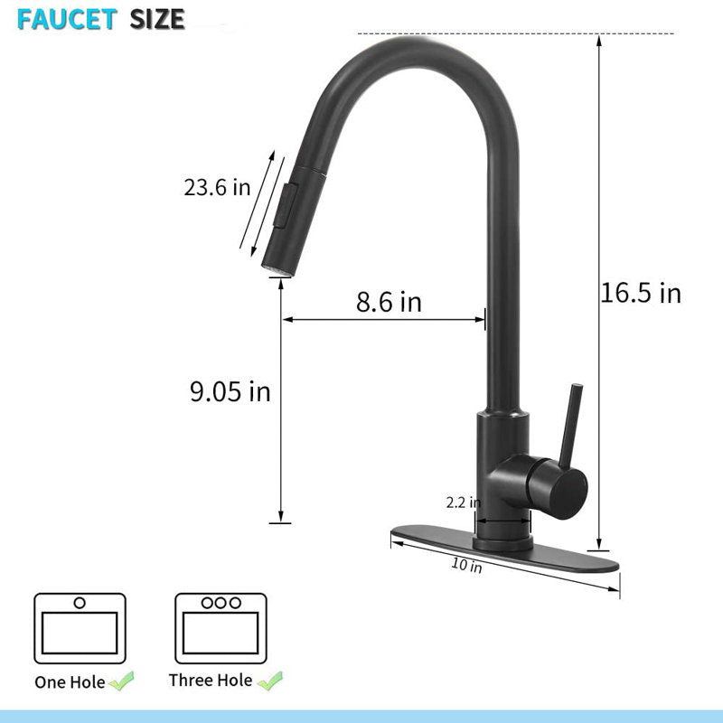 Robinet de cuisine rétractable à poignée simple avec accessoires, Noir mat