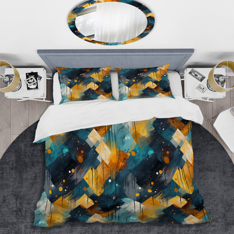 Ensemble de housse de couette géométrique beige et bleu à motif géométrique en microfibre