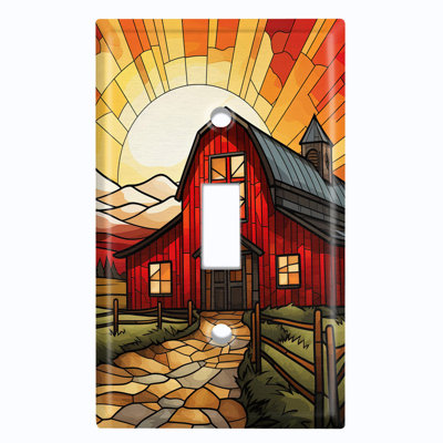 Metal Light Switch Plate Cover; US Standard Size 1 Gang Toggle - Printed Image of Stained Glass Red Barnhouse