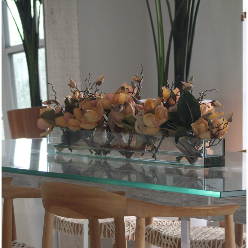 Magnolia Faux Floral Arrangement in Planter, Peach, 10" H x 24" W x 7" D