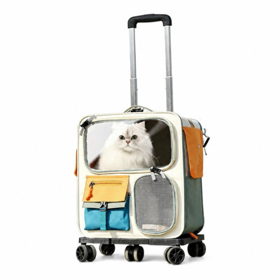 Large Capacity Wheeled Pet Carrier Backpack for Multiple Cats & Small Dogs, Summer Breathable Transparent Window Pet Trolley Luggage, Portable Multi-Function Soft Pet Travel Crate Kennel with Detachable Rolling Base for Outdoor Walking & Long Trips