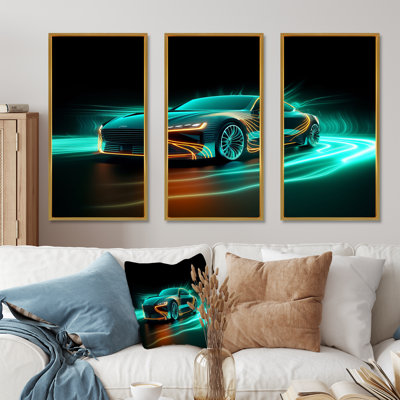 «Neon Light Strips Teal Hybrid Car I», ensemble d'art sur toile exotique